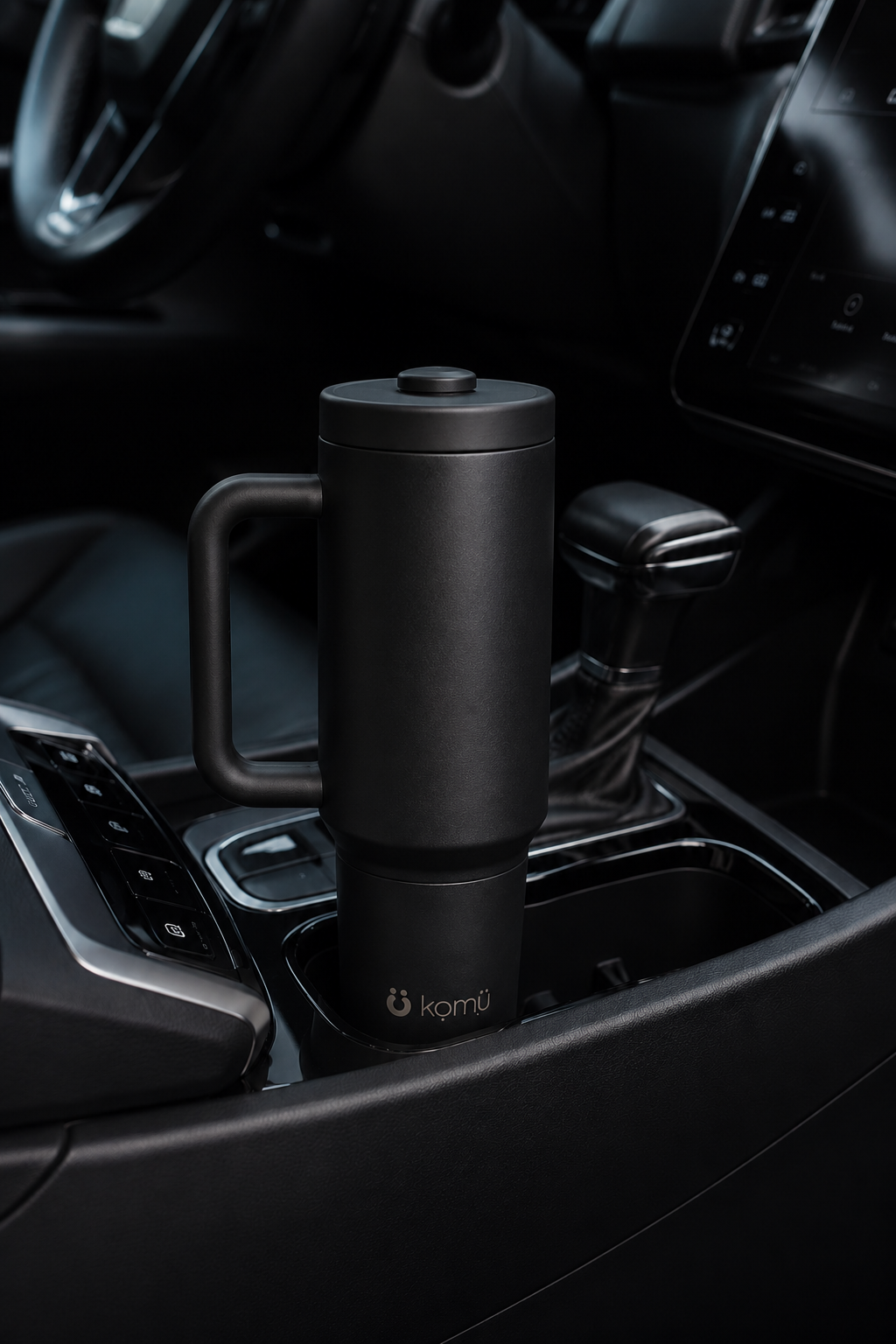 Midnight Onyx Komü bottle placed in a car cup holder for the daily companion audience card