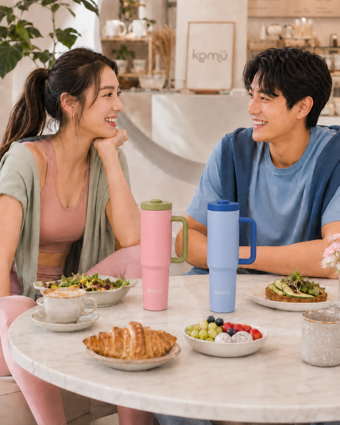Two people at brunch with Komü bottles on the table for the studio to brunch audience card